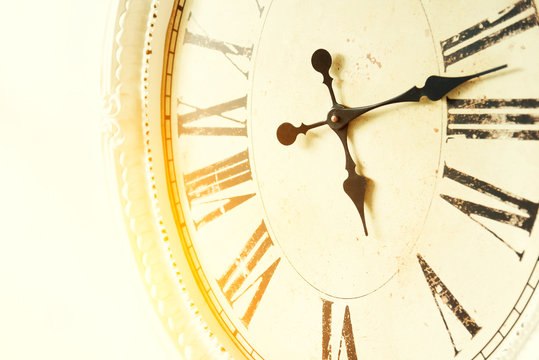 Closeup clock on wall, Time concept background.