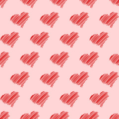 Hand drawing red hearts seamless pattern on a rose background. Vector illustration