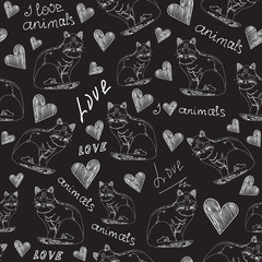 Beautiful vector seamless pattern with handwritten cats, hearts and words 