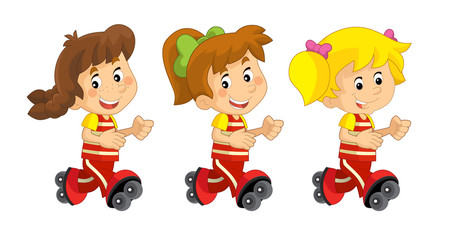 Cartoon set of young girls running - roller skates - illustration for children