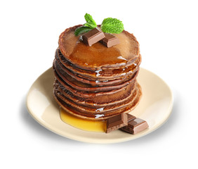 Tasty pancakes with chocolate and sweet honey on plate, isolated on white