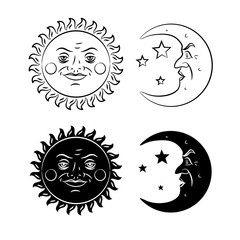 Vintage hand drawn sun and moon