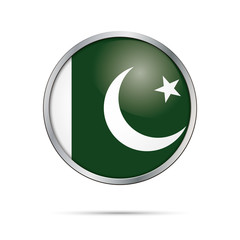 Vector Pakistan flag in glass button style with metal frame.