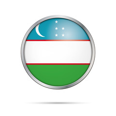 Vector Uzbekian flag Button. Uzbekistan flag in glass button style with metal frame.
