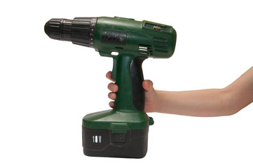 Hand with cordless screwdriver or drill isolated on a white back