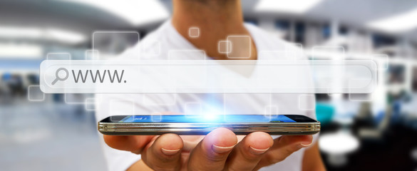 Man surfing on internet with digital tactile web address bar