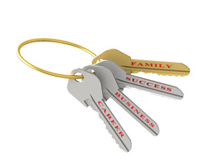 The 3D illustration a golden and silver keys for success, opens access to success, business, career, family.
