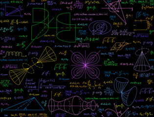 Mathematical vector seamless pattern with multicolored handwritten calculations, formulas, equations, plots and functions