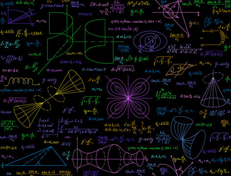 Mathematical vector seamless pattern with multicolored handwritten calculations, formulas, equations, plots and functions