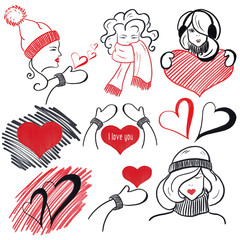 Girl Set Heart Valentine Black and Red Hand-Painted Illustration Winter Holiday Isolated on the white