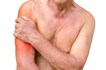 Senior man having shoulder pain,monochrome photo with red as a symbol for the hardening
