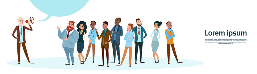 Obraz premium Businessman Boss Hold Megaphone Loudspeaker Colleagues Mix Race Business People Team Group Flat Vector Illustration