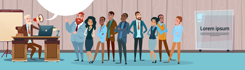 Obraz premium Businessman Boss Hold Megaphone Loudspeaker Colleagues Mix Race Business People Team Group Flat Vector Illustration