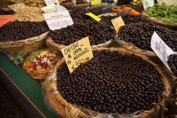 Basket full of chocolate-covered coffee beans in Italy