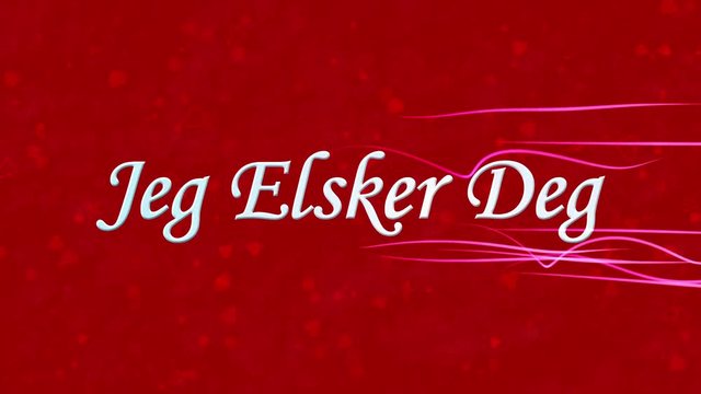 "I Love You" text in Norwegian "Jeg Elsker Deg" formed from dust and turns to dust horizontally with moving stripes on red animated background
