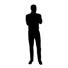 Standing man in shirt with folded arms thinking, vector silhouet