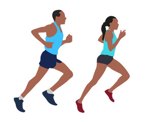 Fototapeta na wymiar Running man and woman, active pair, set of vector illustrations