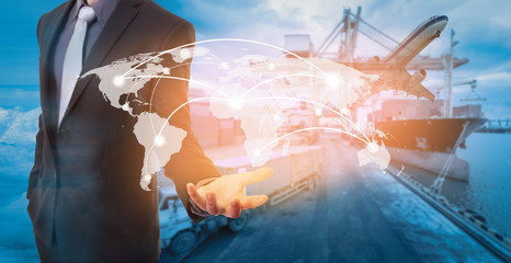 Global network coverage world map on hand of businessman ,Industrial Container Cargo freight ship ...