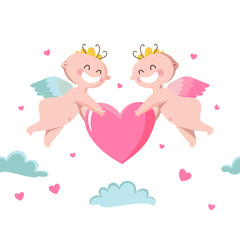 Cute Cupids holding heart in the clouds. Valentine Day greeting