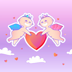 Cute Cupids holding heart in the clouds. Valentine Day greeting