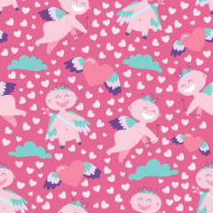 Simple repeating seamless pattern with Cupid, hearts and cloud