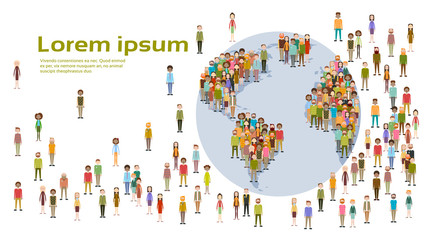 People Group World Map Social Network Communication Flat Vector Illustration