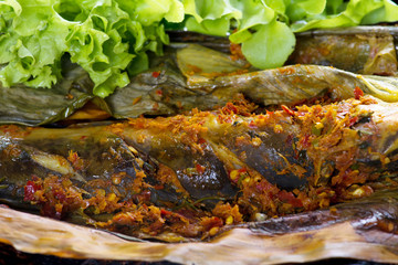 Fototapeta na wymiar Catfish roasted pepper spice. Thai Food.