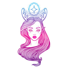 Illustration with beautiful girl Dryad. Mythical female deer. Tattoo print, coloring books or print clothes.