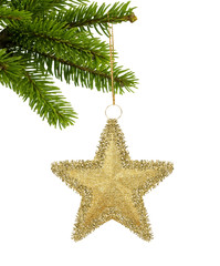 Christmas decor gold star on green tree isolated on white backgr