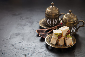 coffee and oriental sweets - locum and sherbet, selective focus, copy space