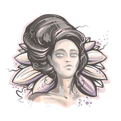 Night lady vector illustration, mysterious woman portrait.