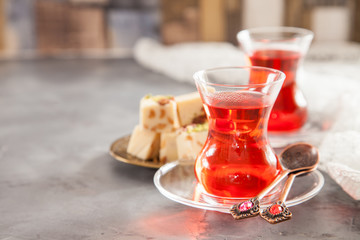garnet tea and oriental sweets - locum and sherbet, selective focus, copy space