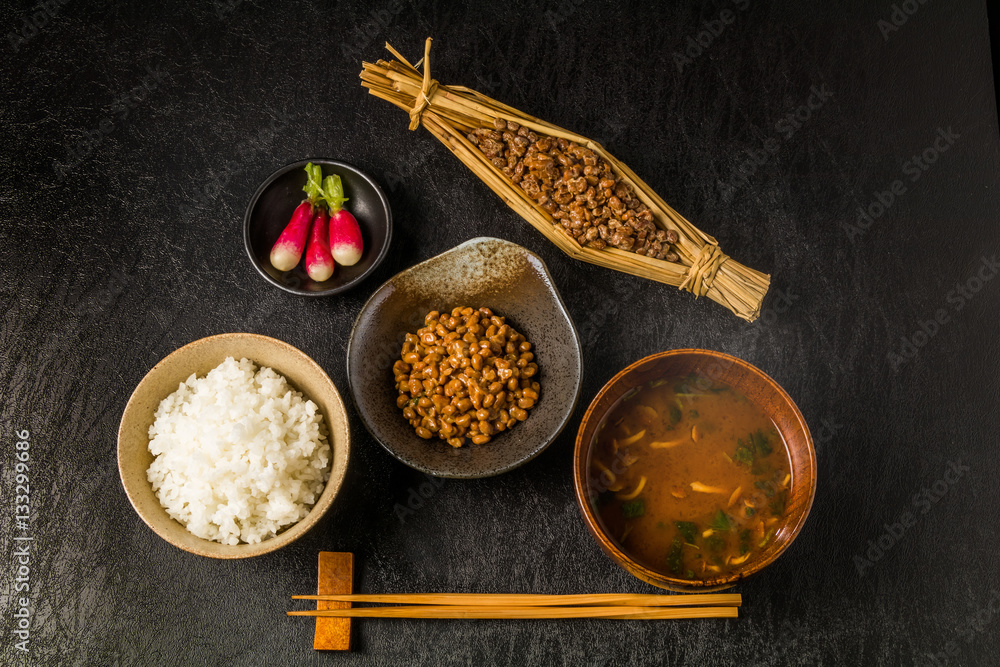 Wall mural 藁入り納豆とご飯natto(fermented food of the soybean)