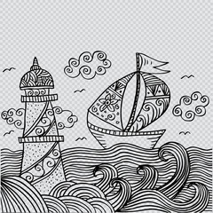 Lighthouse and sailboat. Decorative style.