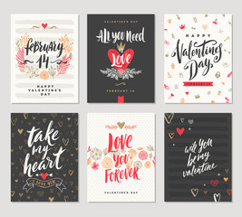 Vector set of Valentine's Day hand drawn posters or greeting card with handwritten calligraphy quotes, phrase and illustrations. - obrazy, fototapety, plakaty