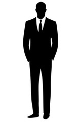 Черный силуэт мужчины бизнесмена в строгом деловом костюме. Векторная иллюстрация.