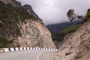 Mountain road in close canyon. A falling tree. North Ossetia. Russia.