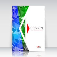 Abstract composition. Blue, green polygonal texture. Triangle part trademark construction. Lines plexus section. White brochure title sheet. Creative arrow figure icon surface. Banner form. 