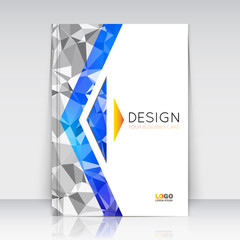 Abstract composition. Blue, grey polygonal texture. Triangle part trademark construction. Lines plexus section. White brochure title sheet. Creative arrow figure icon surface. Banner form. Flyer font.