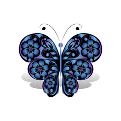 Blue butterfly with floral pattern.