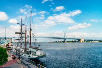 PHILADELPHIA, USA: View on Delaware river and ships. The Delaware River is a major river on the...