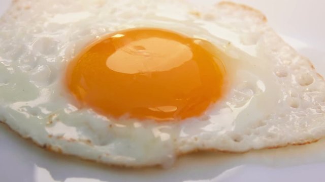 fried egg on a white plate is placed on the table