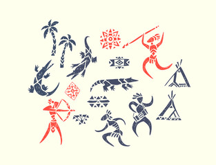 Tribal ornamental texture. Decorative composition with people, crocodile, wigwams and palms. Vector hand drawn illustration of a hunters and wild animals in the jungle