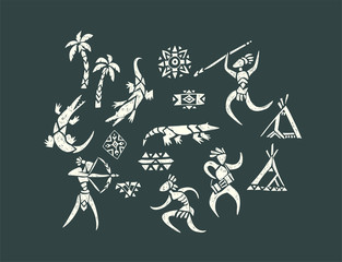 Tribal ornamental texture. Decorative composition with people, crocodile, wigwams and palms. Vector hand drawn illustration of a hunters and wild animals in the jungle © mashikomo