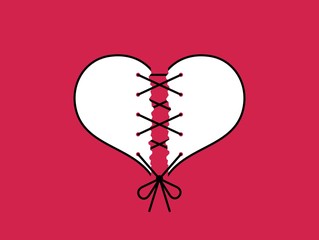 Broken heart sewn with thread - vector card for Valentine's Day