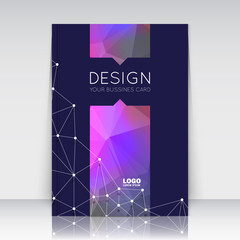 Abstract composition. Purple polygonal triangle construction texture. Cybernetic dots, lines plexus section. Black brochure title sheet. Creative figure logo icon surface. Banner form. Flyer font.