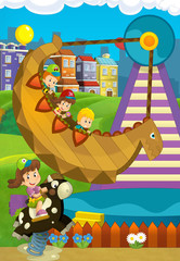 Cartoon scene with kids playing in the funfair - illustration for children