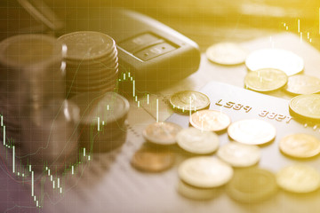 Double exposure of rows of coins, account book, credit card and car key remote. Finance and banking concept.