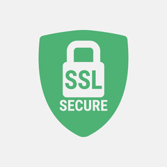 Global SSL Security Icon. Safe and Secure Web sites on the Internet. SSL certificate for the site. Advantage TLS. Closed padlock on a green shield. Material Design icon. Vector illustration.