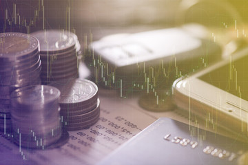 Double exposure of rows of coins, account book, mobile, credit card and car key remote. Finance and banking concept.